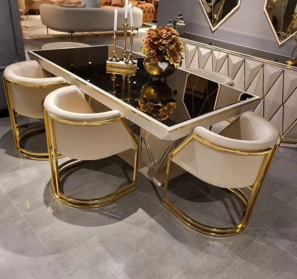 Elegant dining table set with matching chairs, providing a stylish and cohesive look for any dining room.